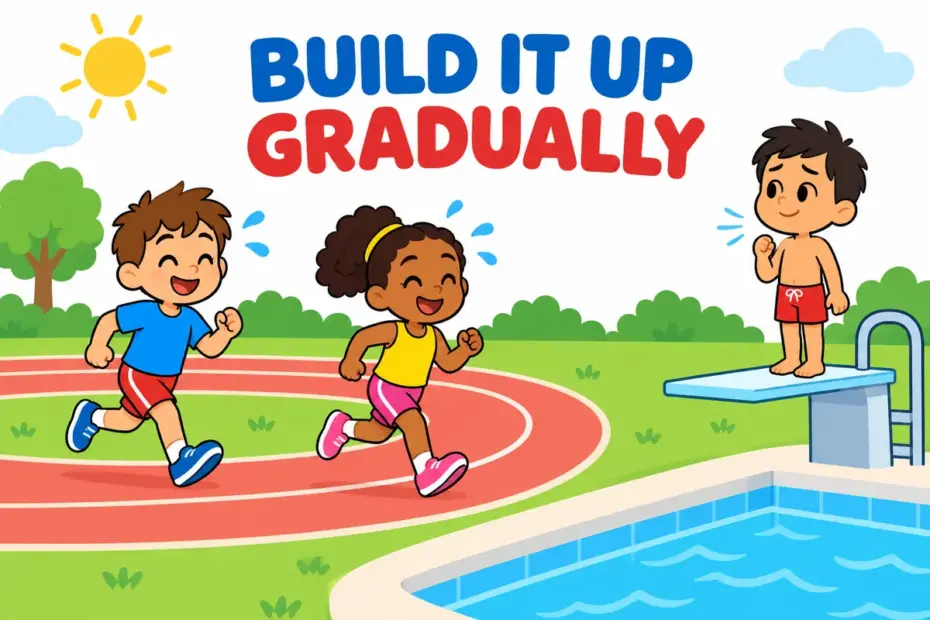Cartoon runners build a sweat on a track while a child gathers courage at a diving board, showing work up in a sentence.