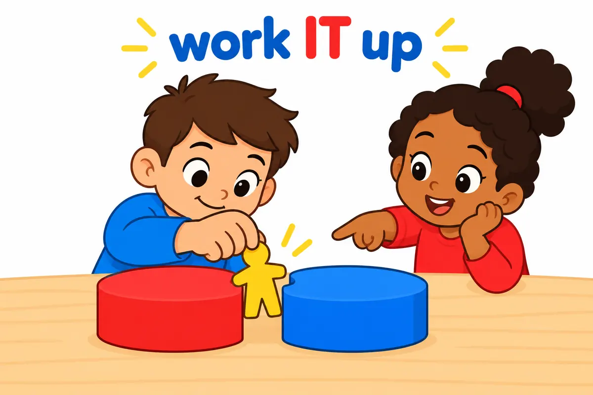 A cartoon child slots a token between two blocks while a friend watches, showing where an object sits inside work up.