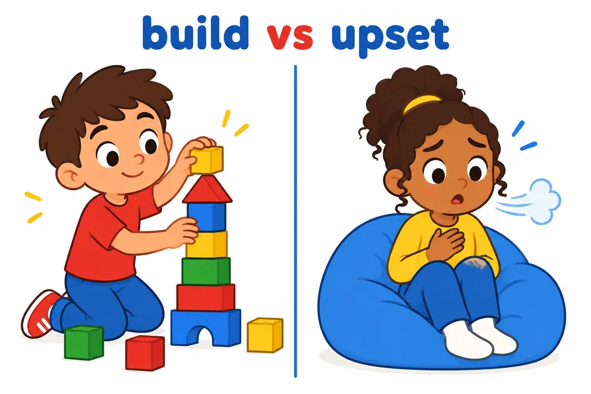 A cartoon split scene contrasts a calm child stacking a tower with a flustered child breathing, showing work up versus get worked up.