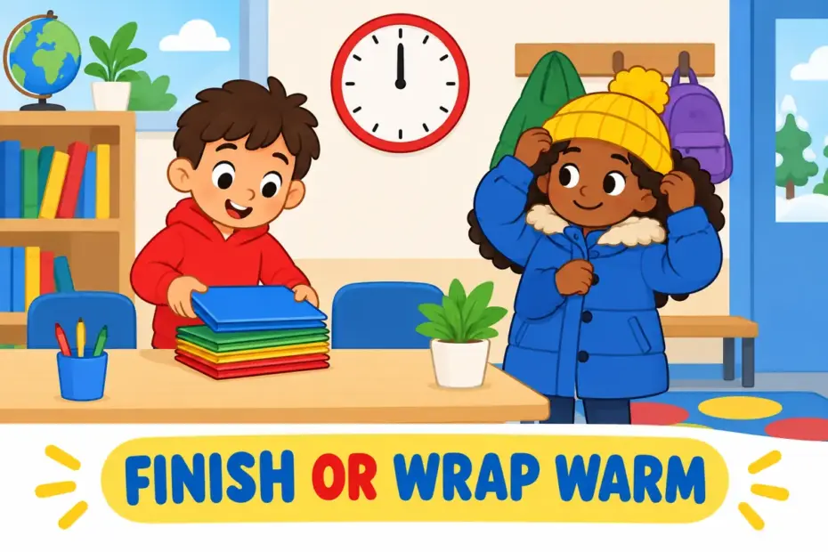 Cartoon children close a school club stall and button warm coats, showing wrap up in a sentence as finishing and dressing.