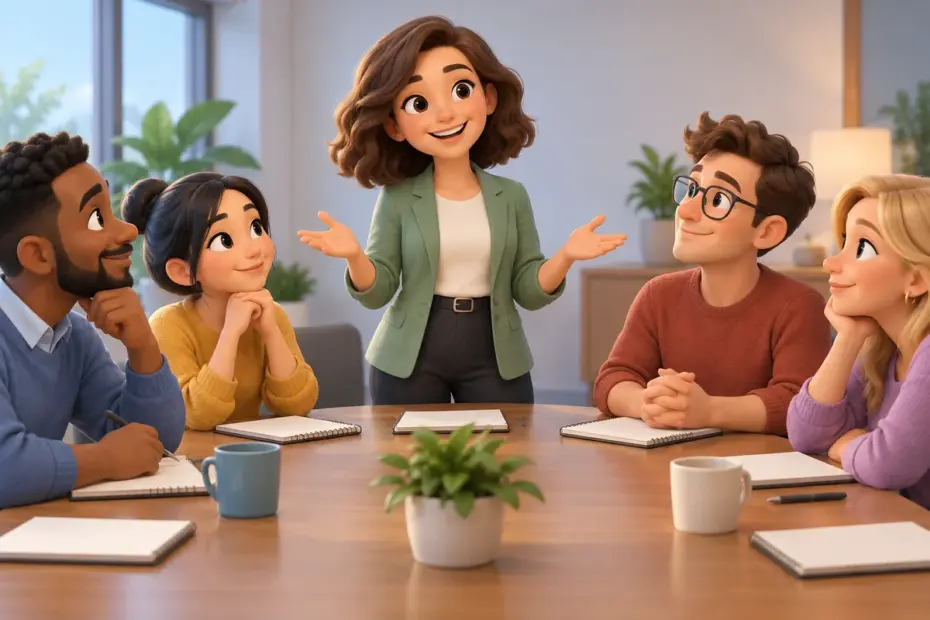 A meeting facilitator gives a final summary while colleagues listen around a conference table.