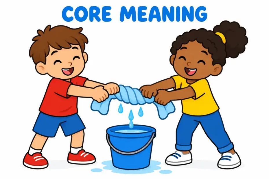 Cartoon children show Wring Out: Meaning and Usage, illustrating wring out in a sentence in context.