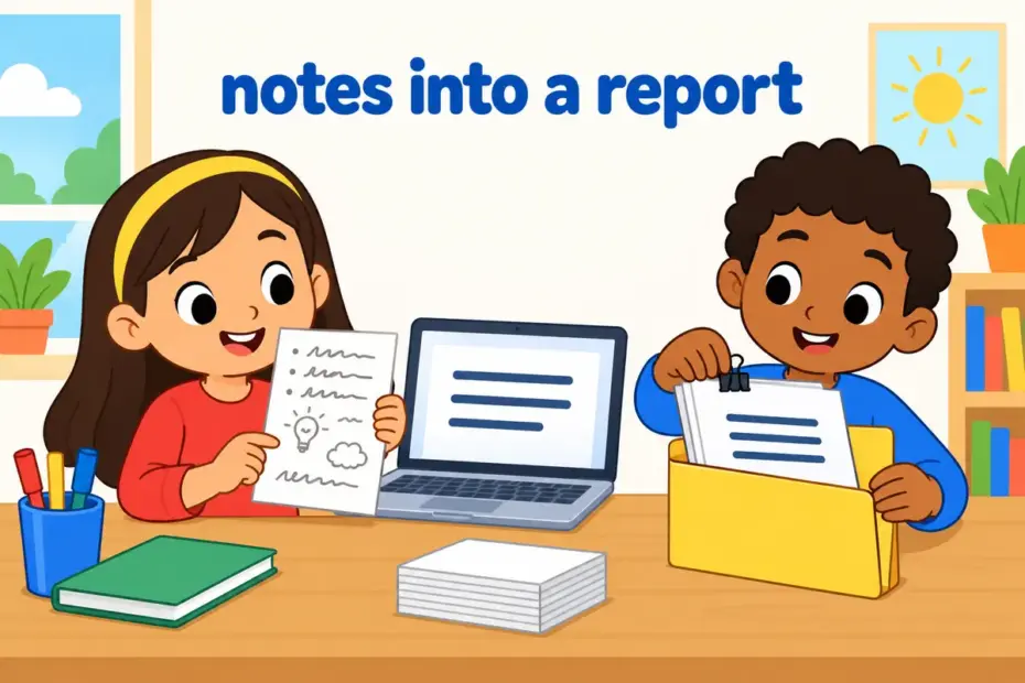Cartoon children turn a page of scribbled notes into a neat typed report, showing write up in a sentence.