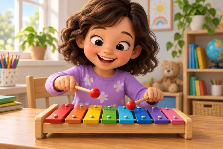 A child plays a colorful xylophone with two small mallets during a vocabulary activity.