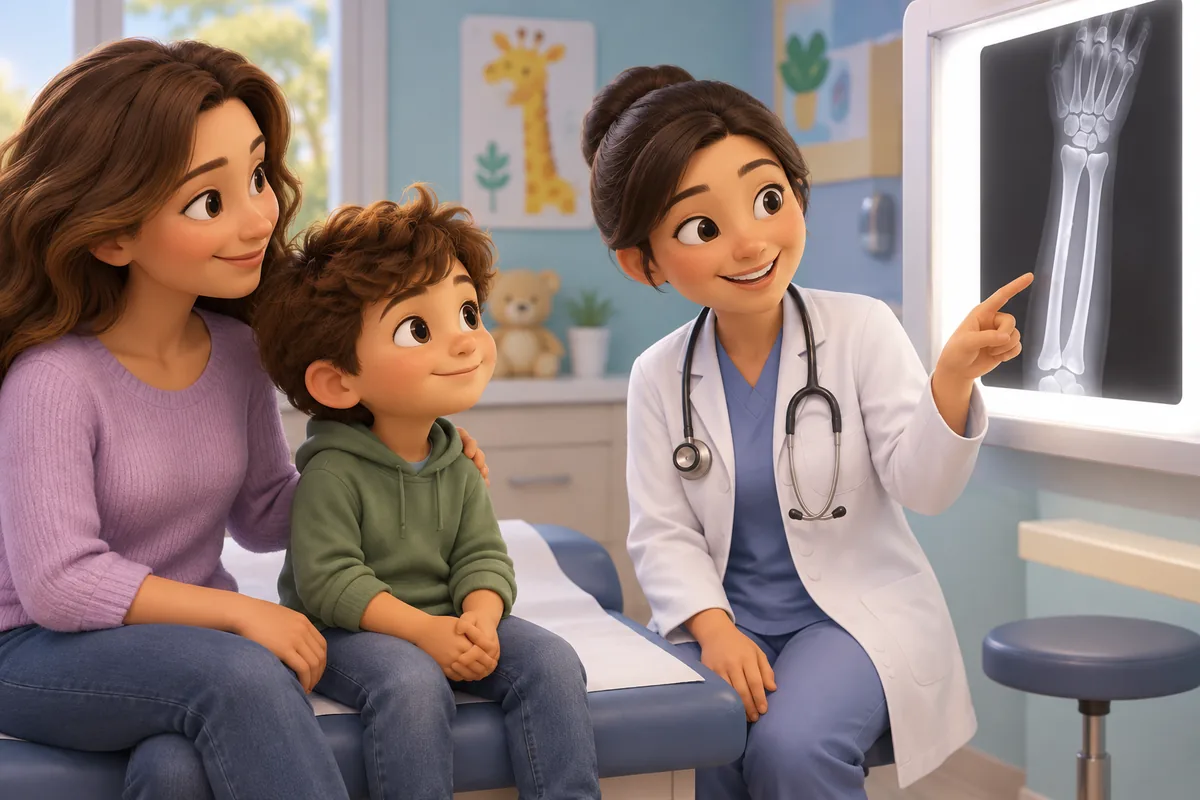 A child and clinician calmly look at an X-ray image on a light panel in a clinic.