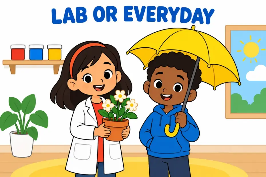 Cartoon children compare a labelled plant specimen with a yellow umbrella, showing xanthic vs yellow in a sentence.