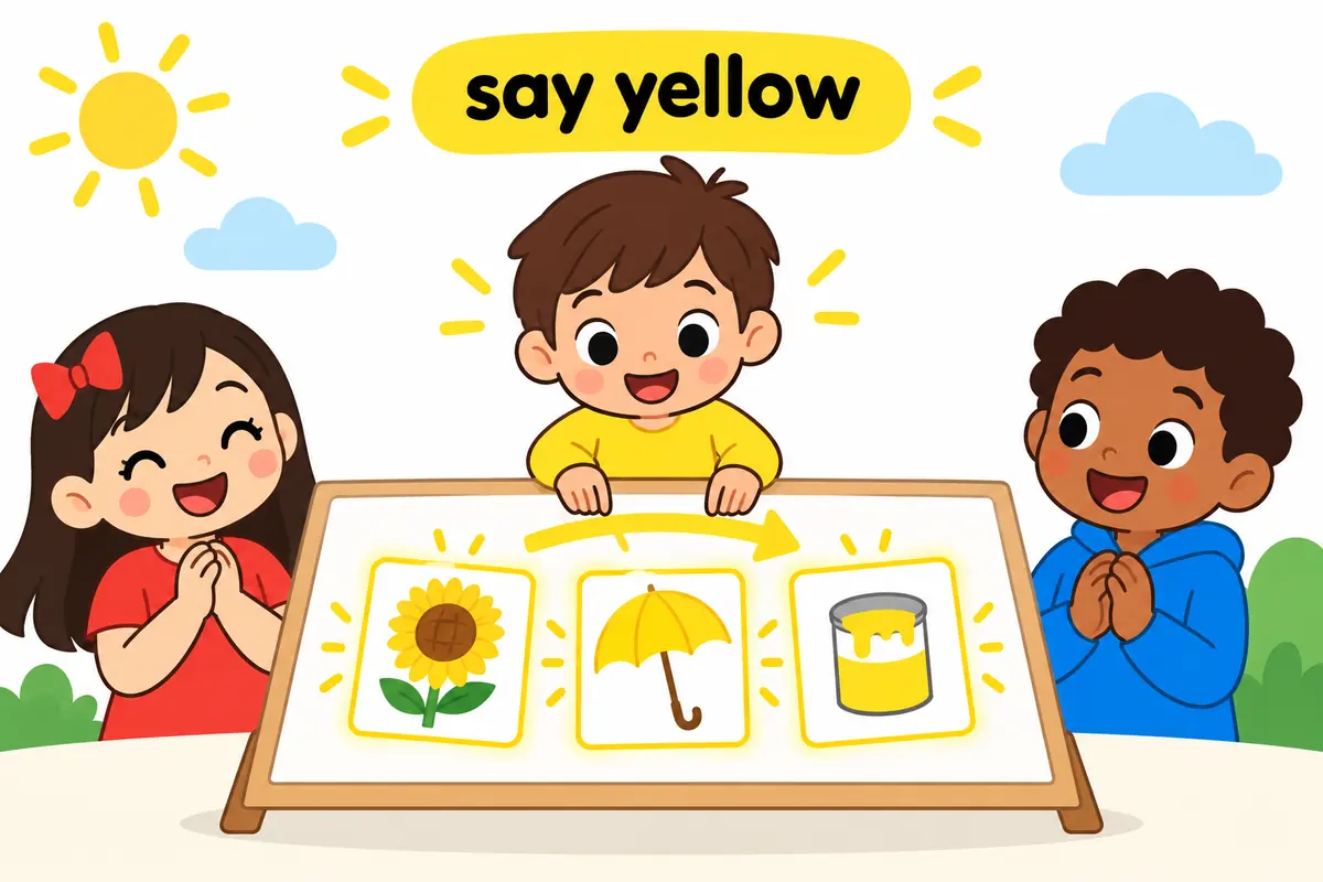 Three cartoon cards show a yellow flower, a yellow umbrella and a yellow paint pot, each labelled with the word yellow rather than xanthic.
