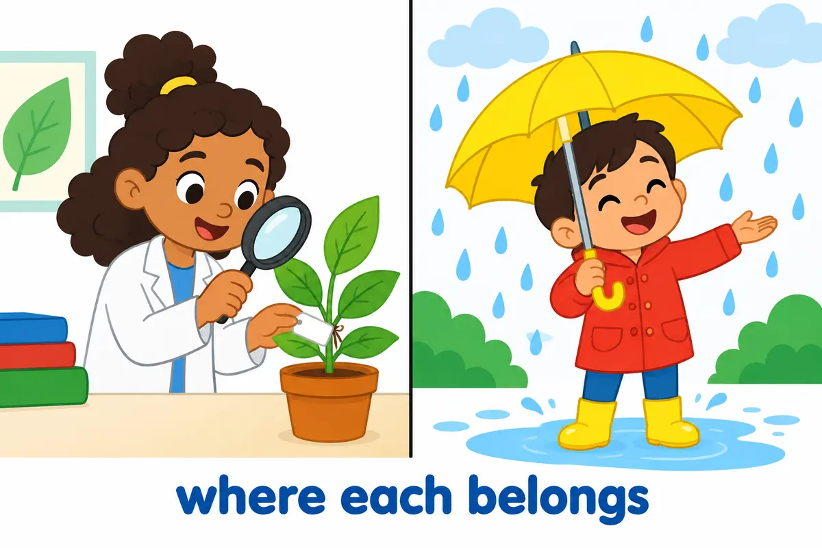 A split cartoon scene contrasts a scientist labelling a plant specimen on one side with a child holding a yellow umbrella on the other.