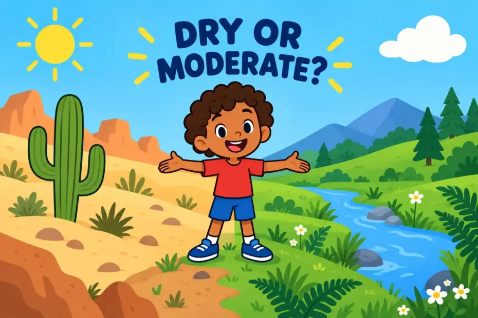 A cartoon child stands between a sandy cactus slope and a green fern meadow, showing xeric vs mesic as two points on a moisture scale.