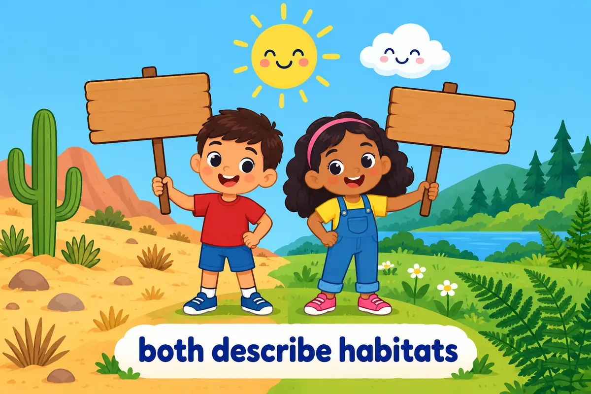 A cartoon pair of signposts label a dry slope and a green meadow, showing xeric and mesic as adjectives before habitat nouns.