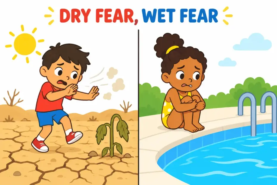 Cartoon split scene contrasts a child avoiding a dry dusty field with a child avoiding a pool, illustrating xerophobia vs hydrophobia.