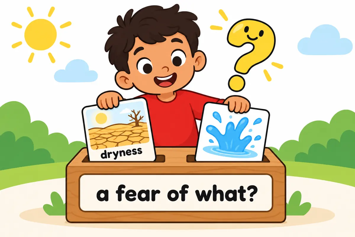 A cartoon word frame labels one side a fear of dryness and the other a fear of water, showing how the two nouns are used.