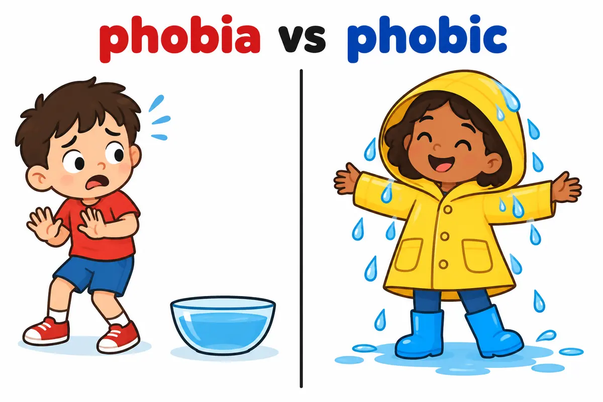 A cartoon split scene compares a worried child near water with a raincoat shedding droplets, contrasting phobia with phobic.