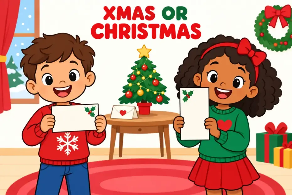 Cartoon children hold two festive signs, showing xmas vs christmas as an informal abbreviation beside the full holiday name.