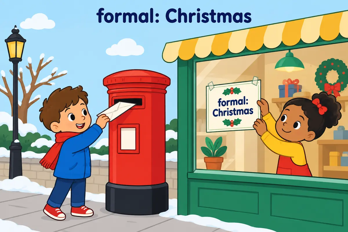 A cartoon child posts a formal letter while a friend fixes a short festive sign in a shop window.