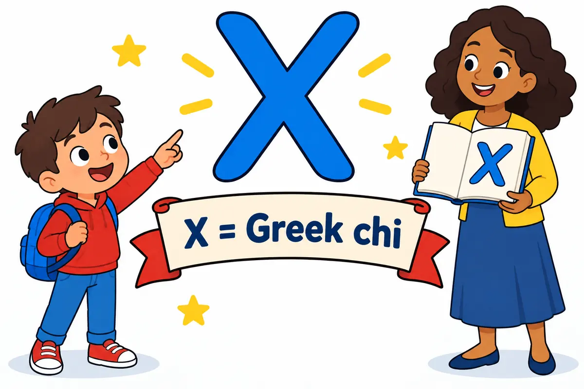 A cartoon child points to a large Greek letter chi above a festive banner.
