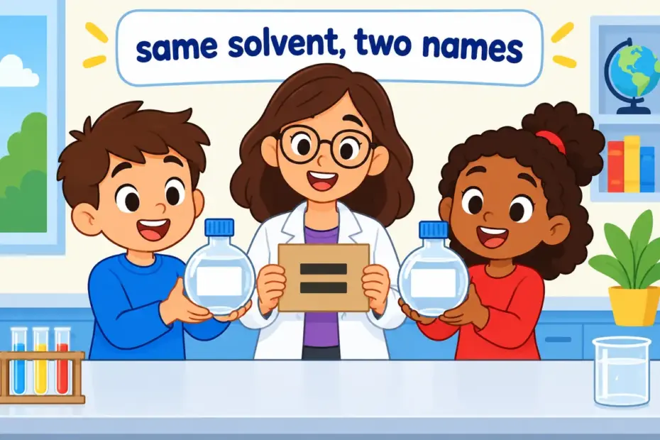 Cartoon pupils compare two matching bottles on a bench, showing xylol vs xylene as two names for one solvent.