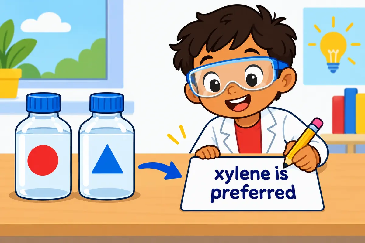 Two identical cartoon bottles sit side by side on a lab bench while a pencil writes one shared name on a single label card.