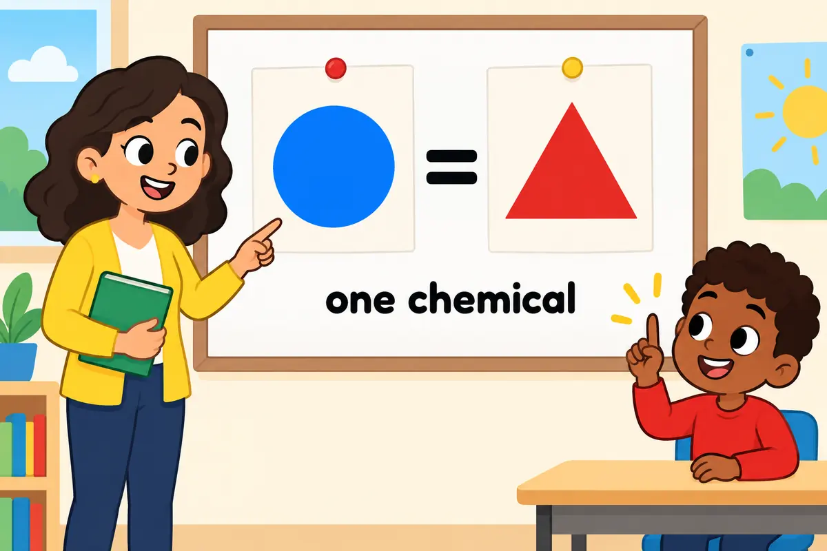 A cartoon teacher points to two matching picture cards joined by an equals sign while a puzzled pupil nods in understanding.