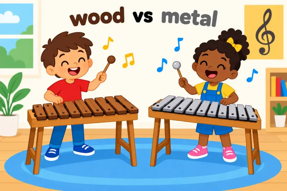 A cartoon player strikes a wooden-barred xylophone beside a metal-barred glockenspiel, showing xylophone vs glockenspiel as wood vs metal.