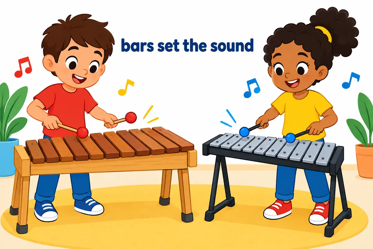 Two cartoon players strike a wooden-barred xylophone and a metal-barred glockenspiel with different mallets side by side.