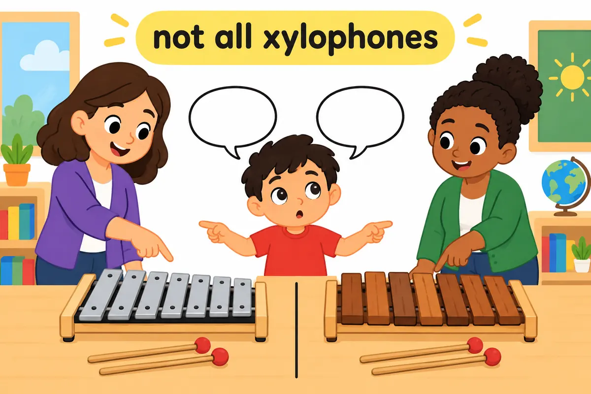 A cartoon teacher points to a wooden-barred xylophone and a metal-barred glockenspiel, correcting a child who calls both xylophones.