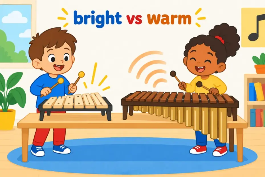 Cartoon children compare a xylophone vs marimba side by side, a bright high set of bars beside a warm low one.