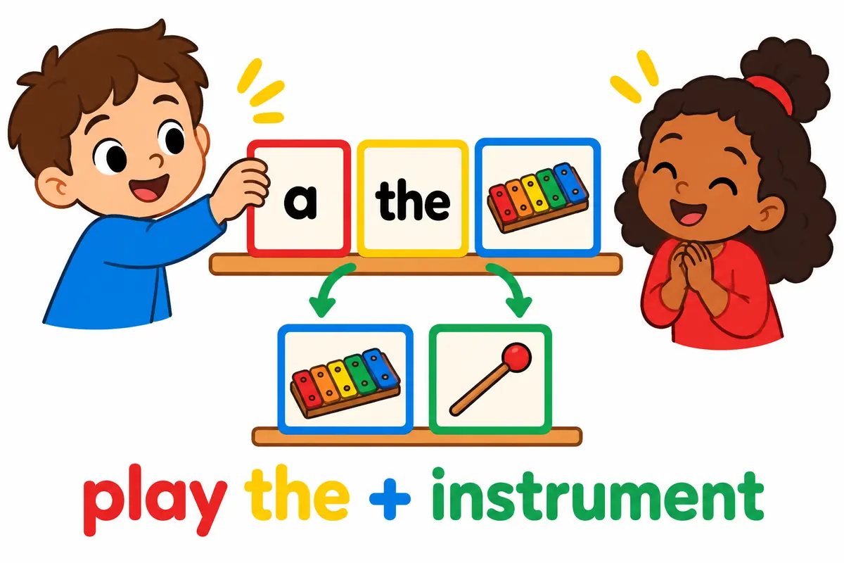 Cartoon blocks place a noun after a or the, showing the pattern play the xylophone beside play the marimba.