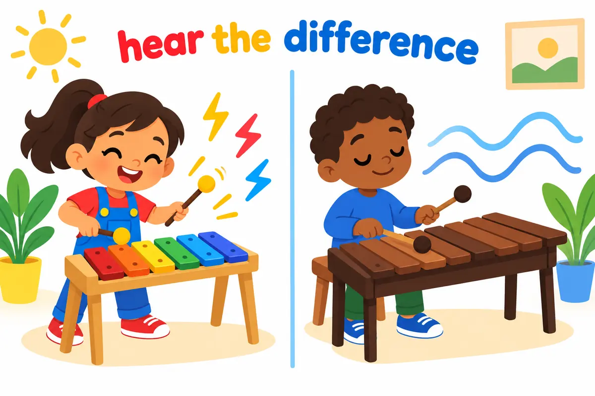 A cartoon split scene contrasts a bright high xylophone on the left with a warm low marimba on the right.