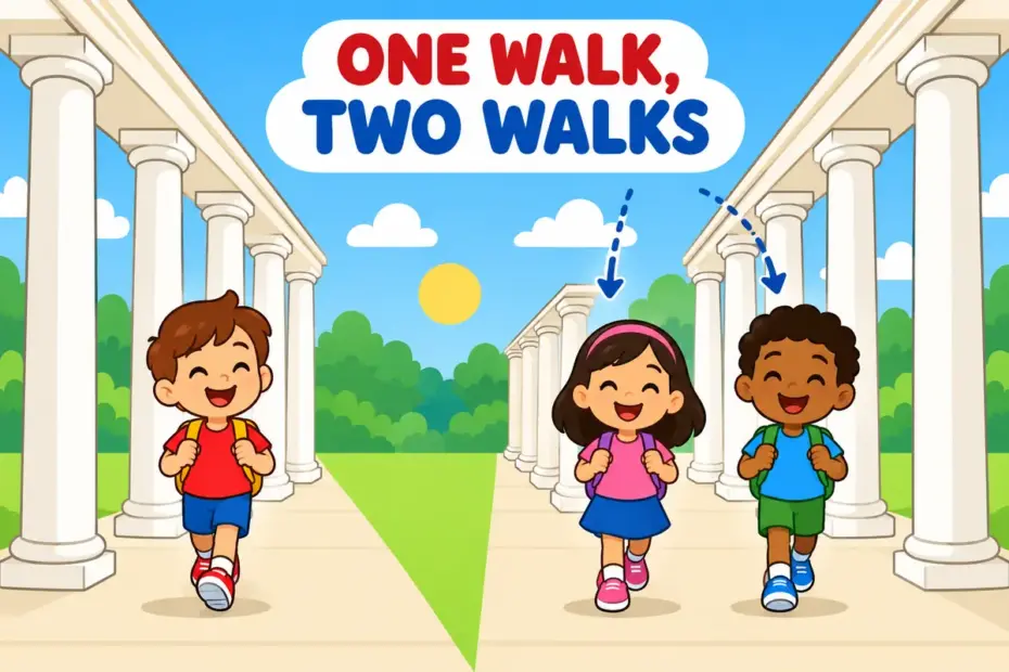 Cartoon scene shows one columned walk labelled for the singular beside two labelled for the plural, illustrating xysti vs xystus.
