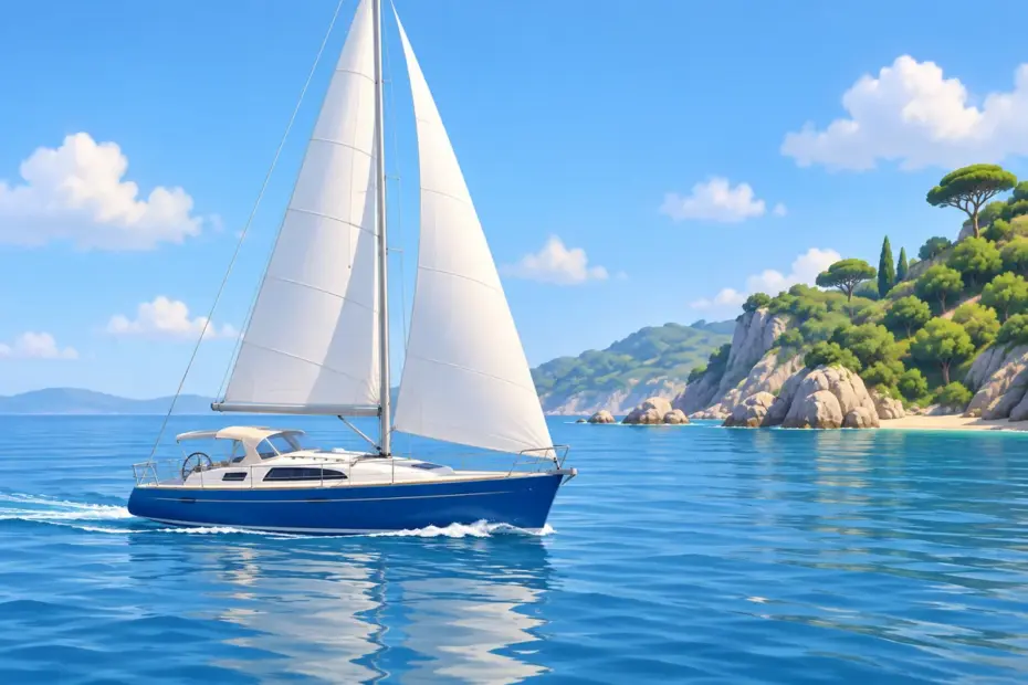 A white sail yacht with a blue hull glides across calm coastal water in bright daylight.