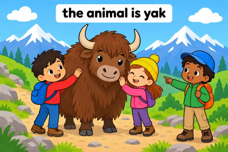 Cartoon children pet a shaggy yak on a mountain path, showing that the animal in yack vs yak is always spelled yak.
