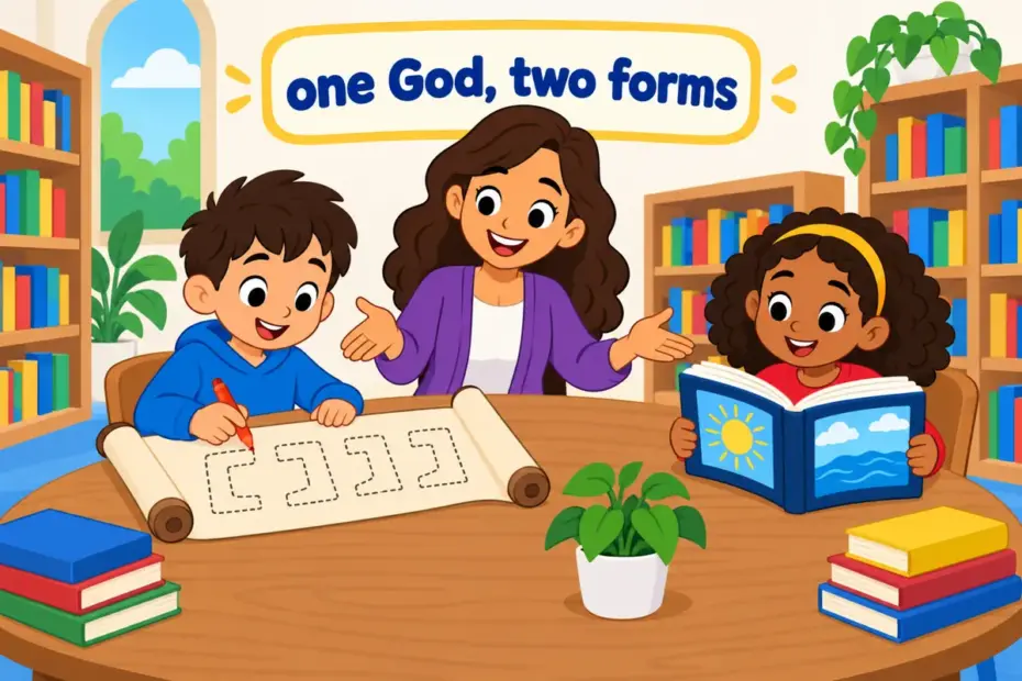 Cartoon pupils study a scroll bearing four letters beside an open book, showing yahweh vs jehovah as two forms of one name.