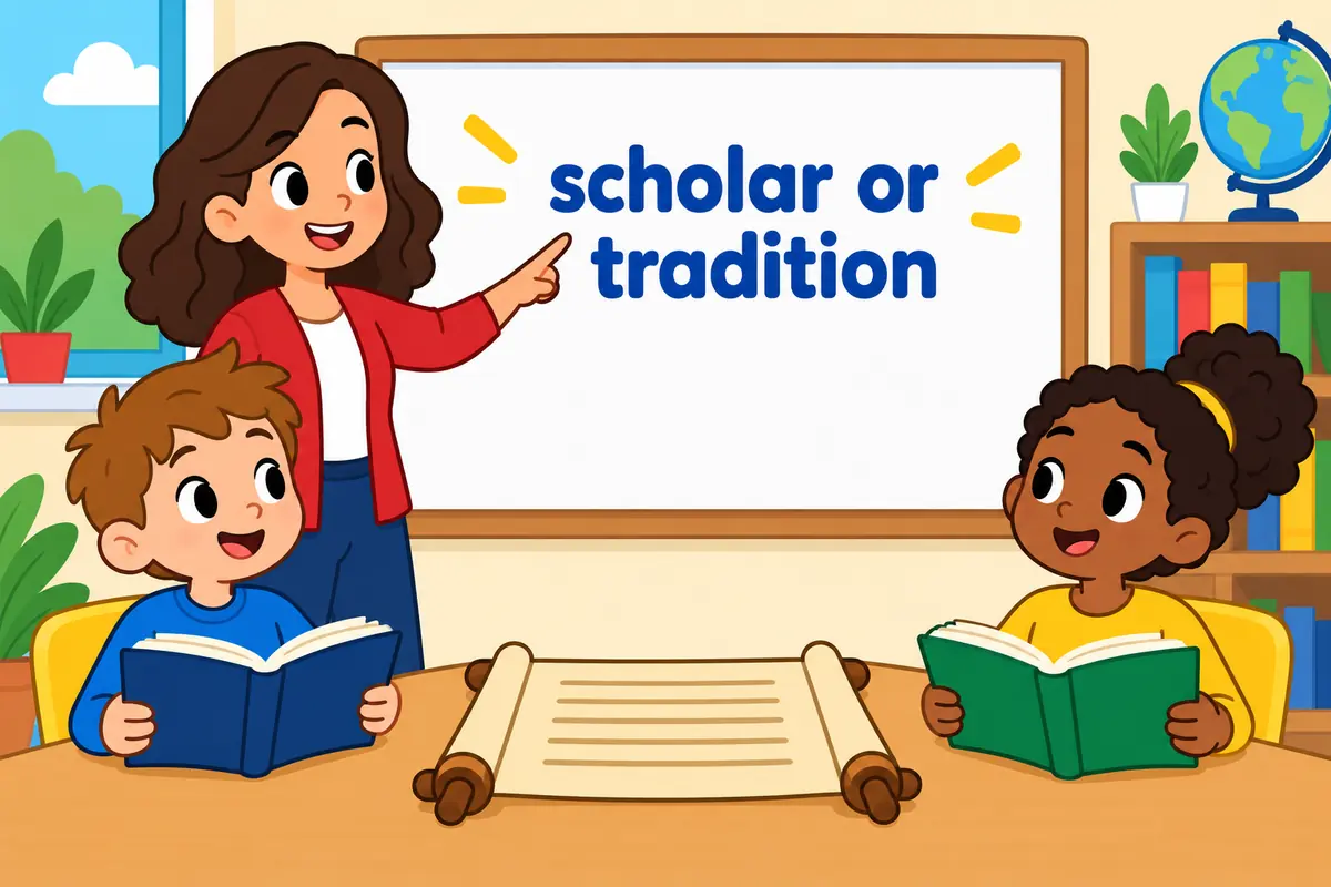 A friendly teacher points at one name written on a board while two pupils hold open reference books beside a scroll.