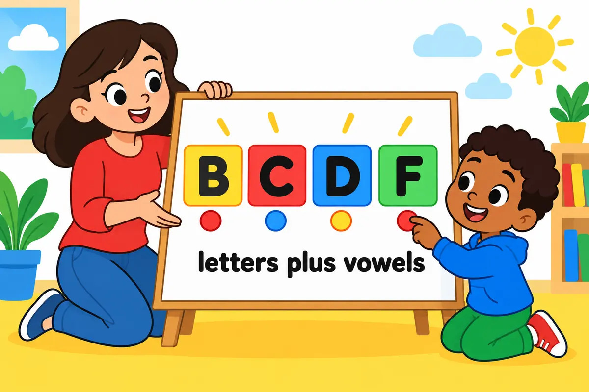 A cartoon guide holds up four block letters while a second child carefully adds small vowel marks beneath them.