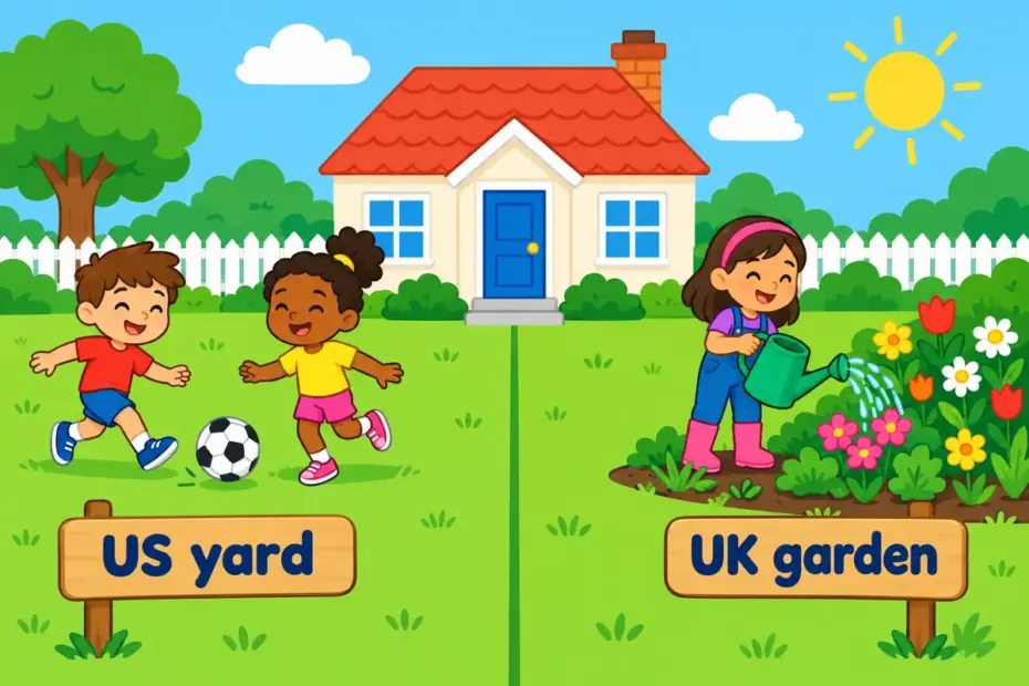 A cartoon house on a green plot is labelled yard on the American side and garden on the British side, showing yard vs garden.