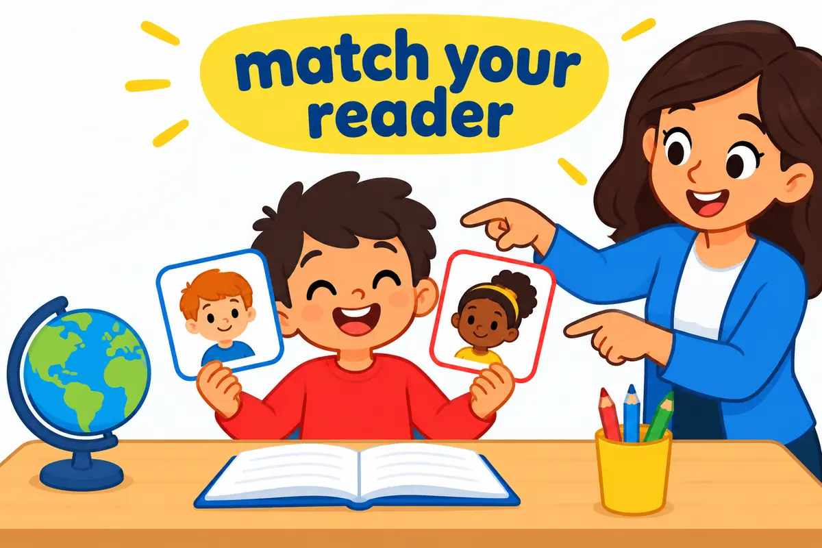 A cartoon writer stands at a desk holding two signs, one reading yard for an American reader and one reading garden for a British reader.