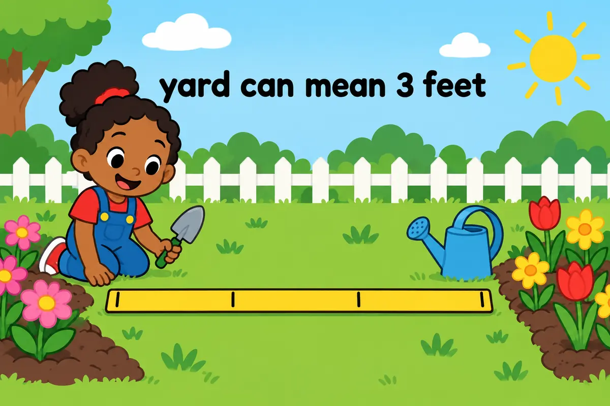A cartoon ruler marked every three feet stretches across a green plot beside a child planting flowers, showing yard as a unit.