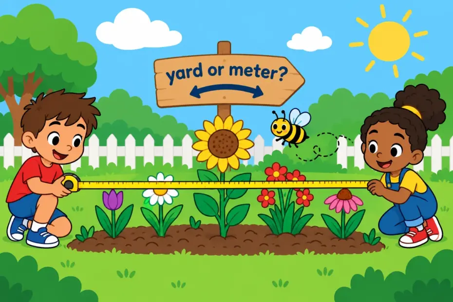 Two cartoon children measure a garden with a long tape, one counting in yards and one in meters, showing yard vs meter in a sentence.