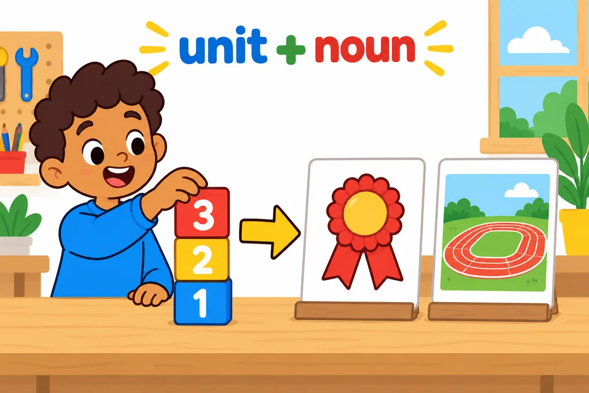 A cartoon child lines up numbered blocks labelled with units in front of picture noun cards on a workbench.