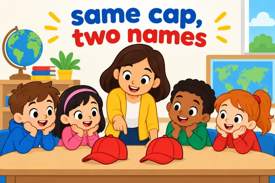 Cartoon children study two identical round caps on a table, illustrating the yarmulke vs kippah question as one object with two names.