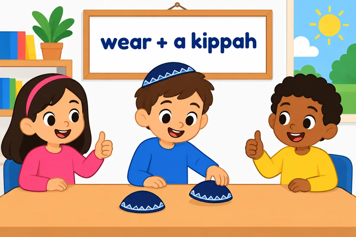 A cartoon child shows two identical round caps on a table while classmates point and smile.