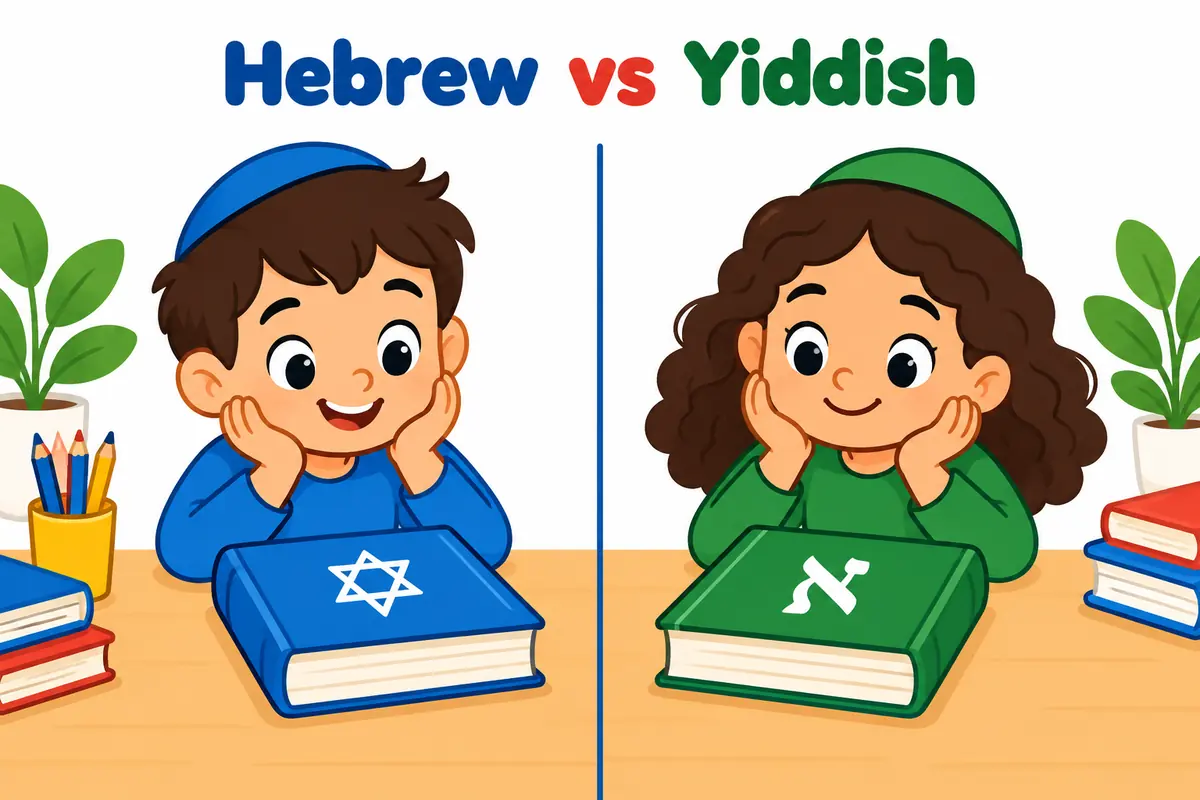 A cartoon split scene shows a Hebrew book beside a Yiddish book, each with an identical small round cap on top.