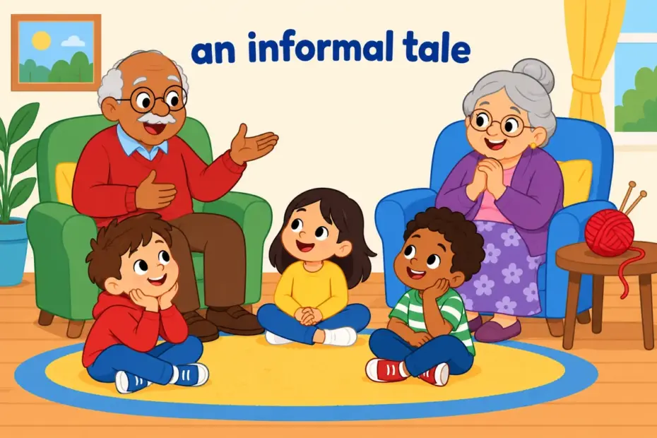 Cartoon grandparents tell yarn vs story tales by a fire as children lean in.
