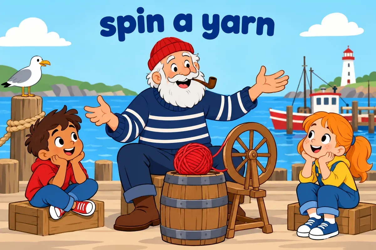Cartoon sailor gestures while children listen, a ball of wool beside the phrase spin a yarn.