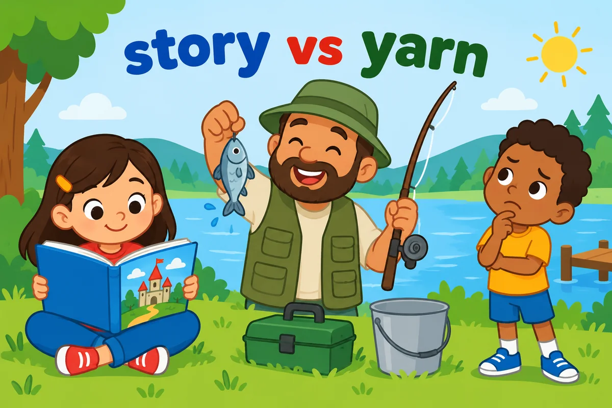 A single cartoon scene contrasts a tidy storybook page with a listener doubting a fisherman yarn.