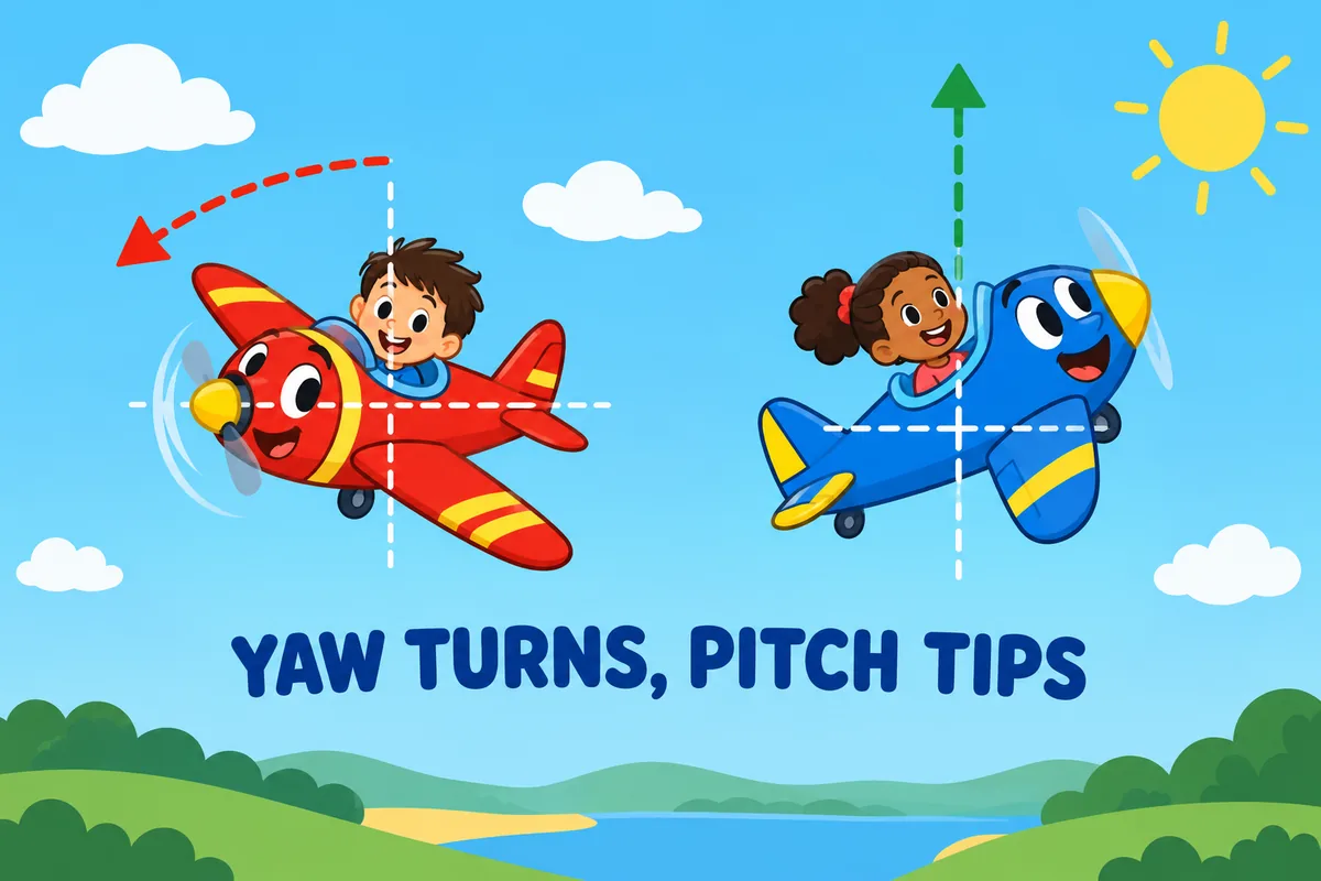Cartoon aircraft show yaw vs pitch, one turning left and another tipping its nose up, with their axes marked.