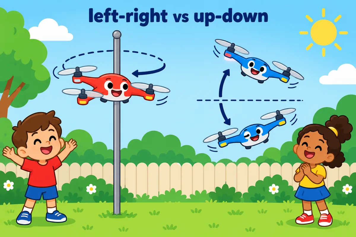 A cartoon drone turns left and right on a vertical axis beside one that tilts its nose up and down.