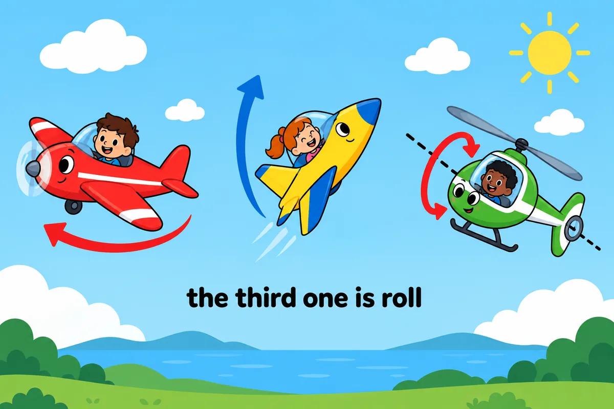 A cartoon paper plane rolls about its long axis, contrasting with a plane that yaws and one that pitches.