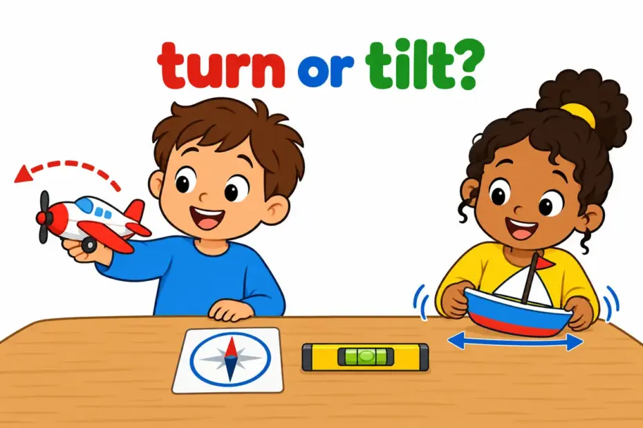 Cartoon children show a toy plane turning left and a boat tilting sideways, showing yaw vs roll in a sentence.